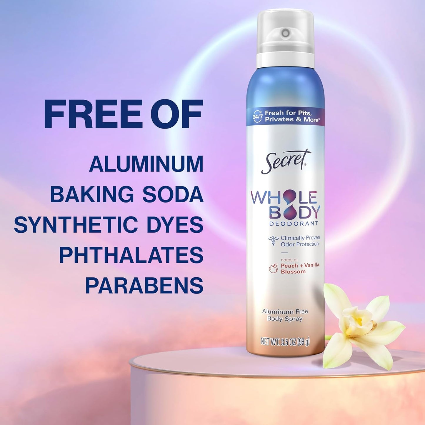 Secret Whole Body Feminine Wash + Deodorant Spray Bundle for Women, Peach + Vanilla Blossom Scent, Aluminum Free, Odor Protection, 8.0 oz & 3.5 oz (Pack of 2)