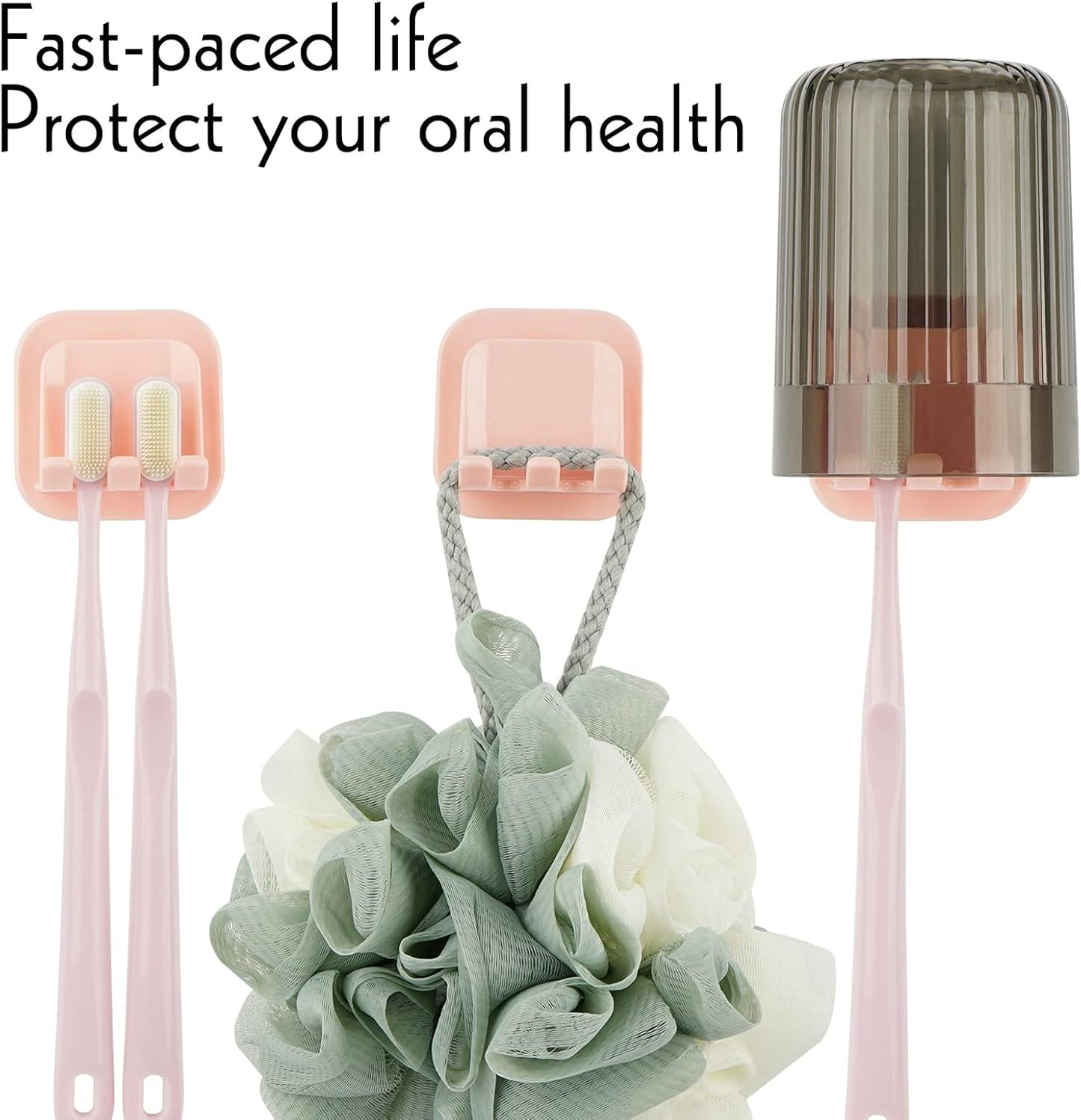 2 PCS Self-Adhesive Toothbrush Holders Wall Mounted, Water Proof Toothbrush Hook, 2 in 1 with Toothbrush Hanger and Gargle Cup Holder for Bathroom Shower (Pink)