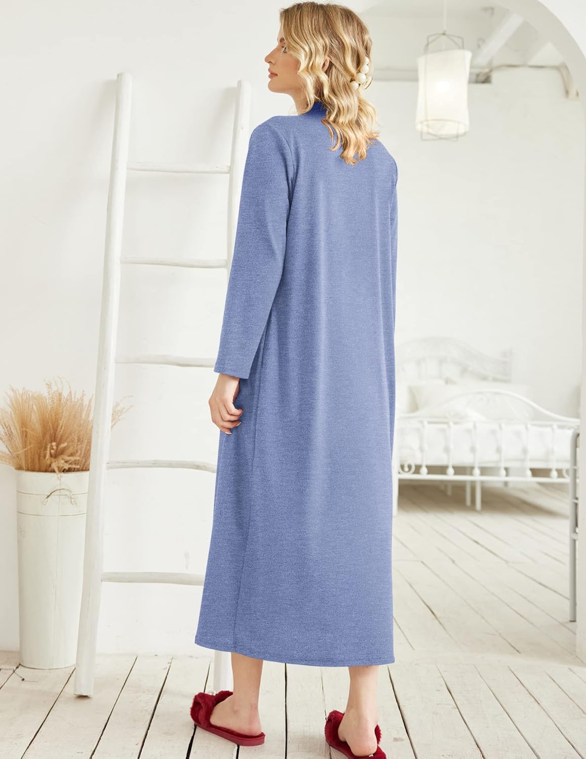 Ekouaer Women Zipper Robe Long Sleeve Loungewear Lightweight Housecoat Full Length Nightgown with Pockets