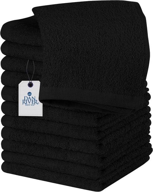 DAN RIVER 100% Cotton Wash Cloths 12 Pack [12x12] Soft & Absorbent washcloths for Showering, Gym, Hotels & Spa Perfect for Everyday Use Fingertip Towels, Black