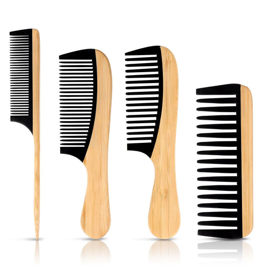 4 Pcs Natural Handmade Bamboo Hair Combs Set - Wide Tooth, Fine Tooth & Rat Tail Wooden Combs for Women Men, Anti-Static for All Hairstyles & Beard