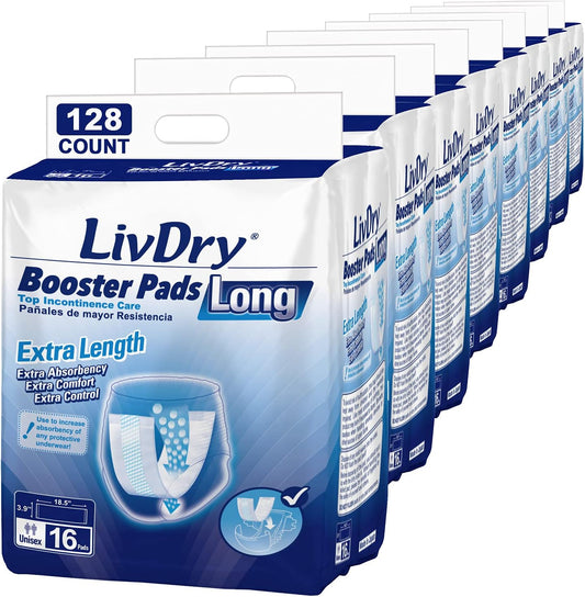 LivDry Incontinence Booster Pads, Use with Adult Diapers for Women and Men, Extra Comfort Softness, Disposable Pad (128 Count, Long Length)
