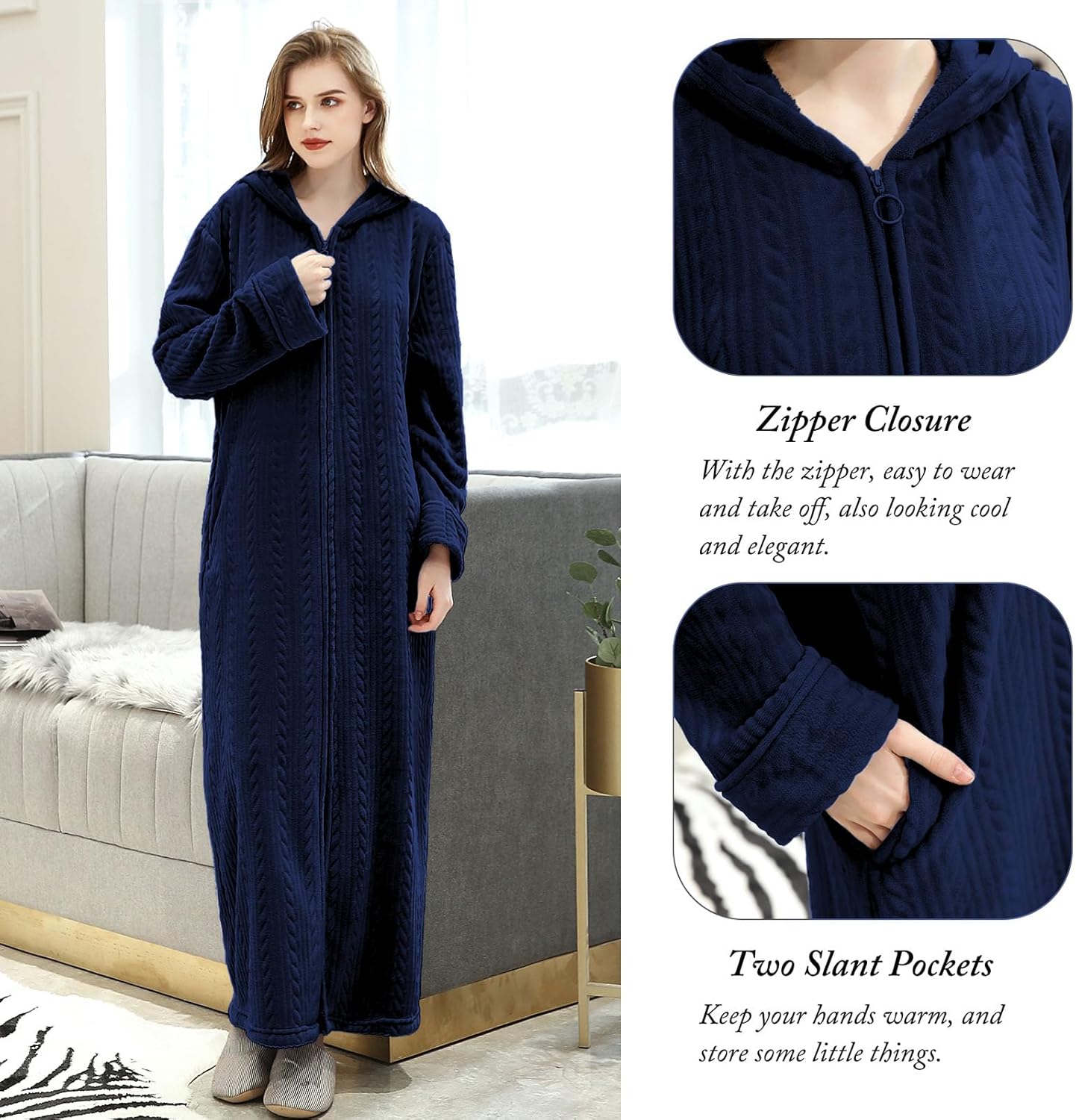 Hellomamma Long Hooded Zipper Bathrobe for Womens Flannel Fleece Robes Winter Warm Housecoat Nightgown Sleepwear Pajamas