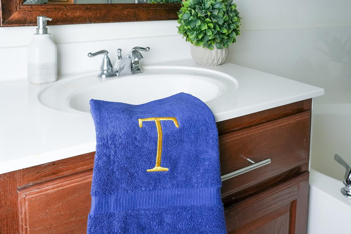 Navy Bathroom Hand Towel - Monogrammed Luxury Hotel Quality Decorative Embroidered Towel for Powder Room, Spa - GOTS Organic Certified - Set of 2 Gold Letter T