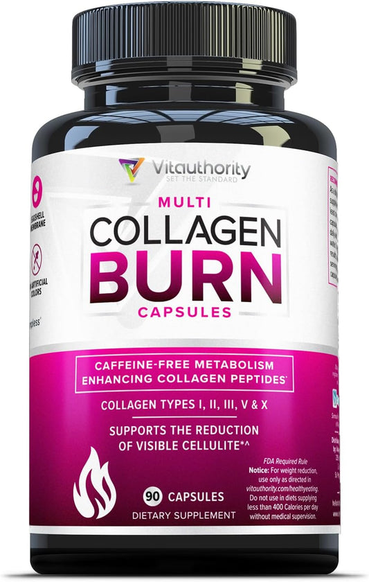 Multi Collagen Burn: Multi-Type Hydrolyzed Protein Peptides with Hyaluronic Acid, Vitamin C, SOD B Dimpless, Types I, II, III, V and X, Caffeine-Free (Unflavored Capsules)
