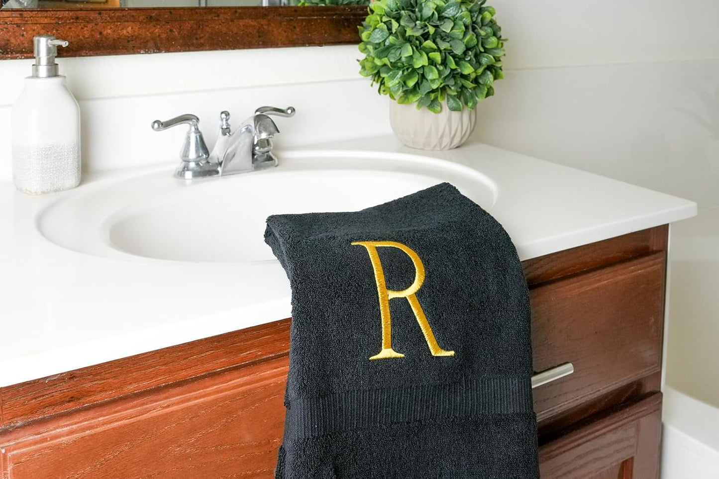 Gold and Black Monogrammed Hand Towel - Monogram Initial Hotel Quality Decorative Embroidered Luxury Towel for Powder Room, Spa - GOTS Organic Certified - Pack of 2, Letter R