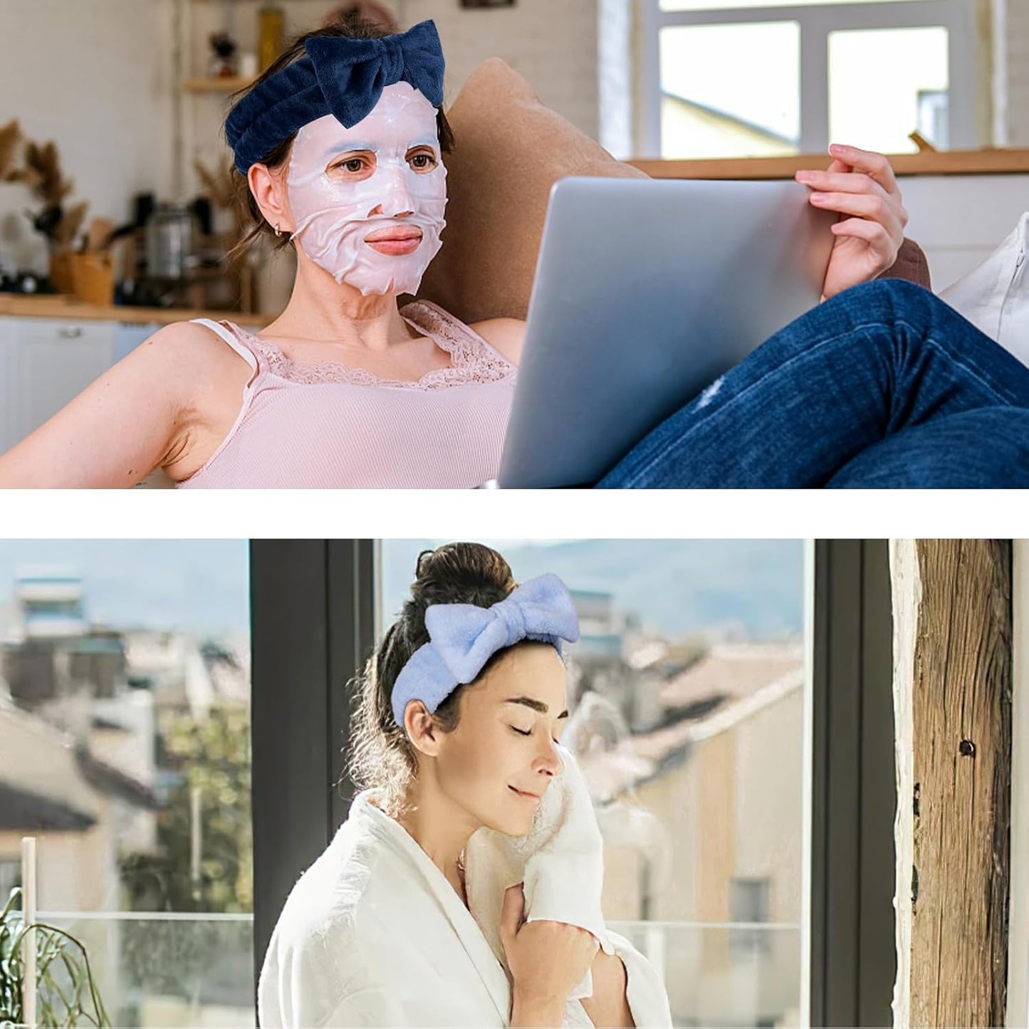 Shindel Spa Bow Headband - 6 Pack Cute Fuzzy Skin Care Headbands for Teen Girls' Face Washing & Shower - Blue