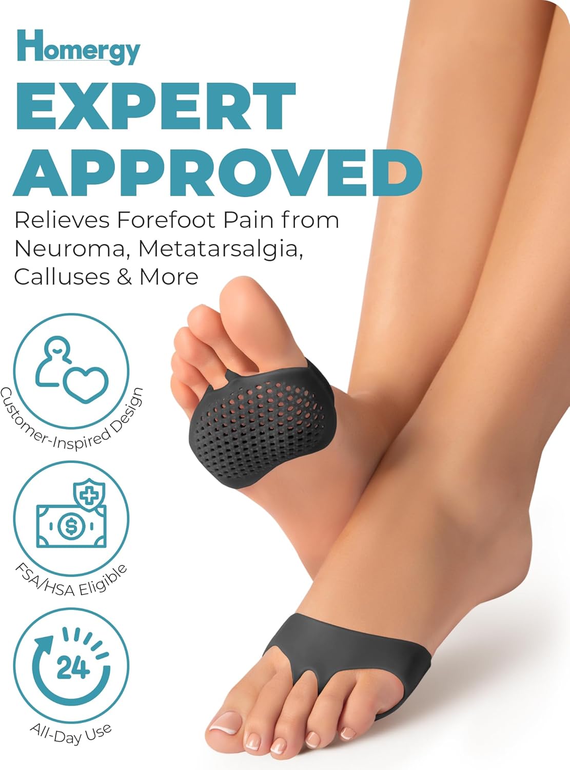 Homergy Metatarsal Foot Pads - Soft Gel Ball of Foot Cushions for Pain Relief, Ultra-Thin Sleeve Design, Stays in Place, Breathable & Reusable - Fits Heels, Flats, Sneakers (4 Pads / 2 Pairs)