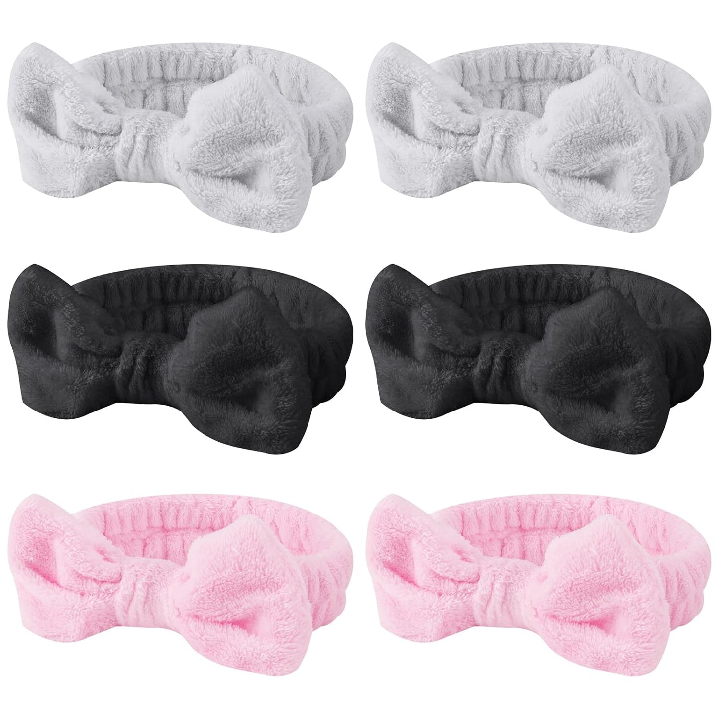 6 Pcs Fluffy Spa Headbands with Bow Style, Soft Coral Fleece for Face Washing, Makeup, Shower, and Yoga