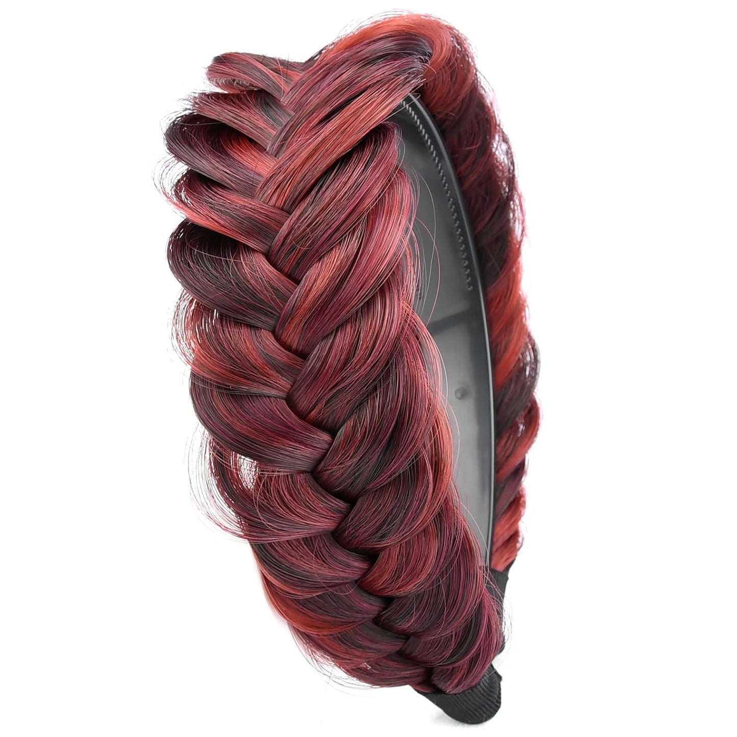 DIGUAN Wide Messy Braided Headband With Teeth Synthetic Hair Plaited Headband High Elasticity Braids Chunky Fishtail Braided Hair Band Hairpiece for Girls Women Beauty Accessory (Burgundy)