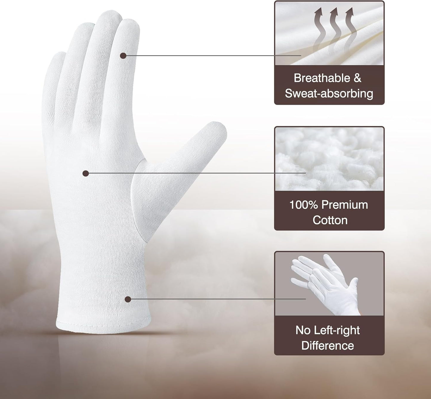 COOLJOB 100% Cotton Gloves, 6 Pairs White Cotton Gloves for Dry Hands Moisturizing & Eczema, Overnight Lotion, Sleep & Spa Treatment for Women & Men, Breathable Work Glove Liners, Large Size