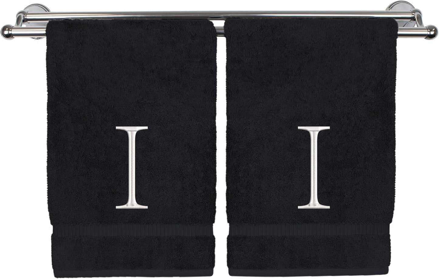 Monogrammed Hand Towel, Personalized Initial Gift, Extra Absorbent 100% Turkish Cotton - Soft Terry Finish - Set of 2 - White Block Initial I - Embroidered on Black Towels