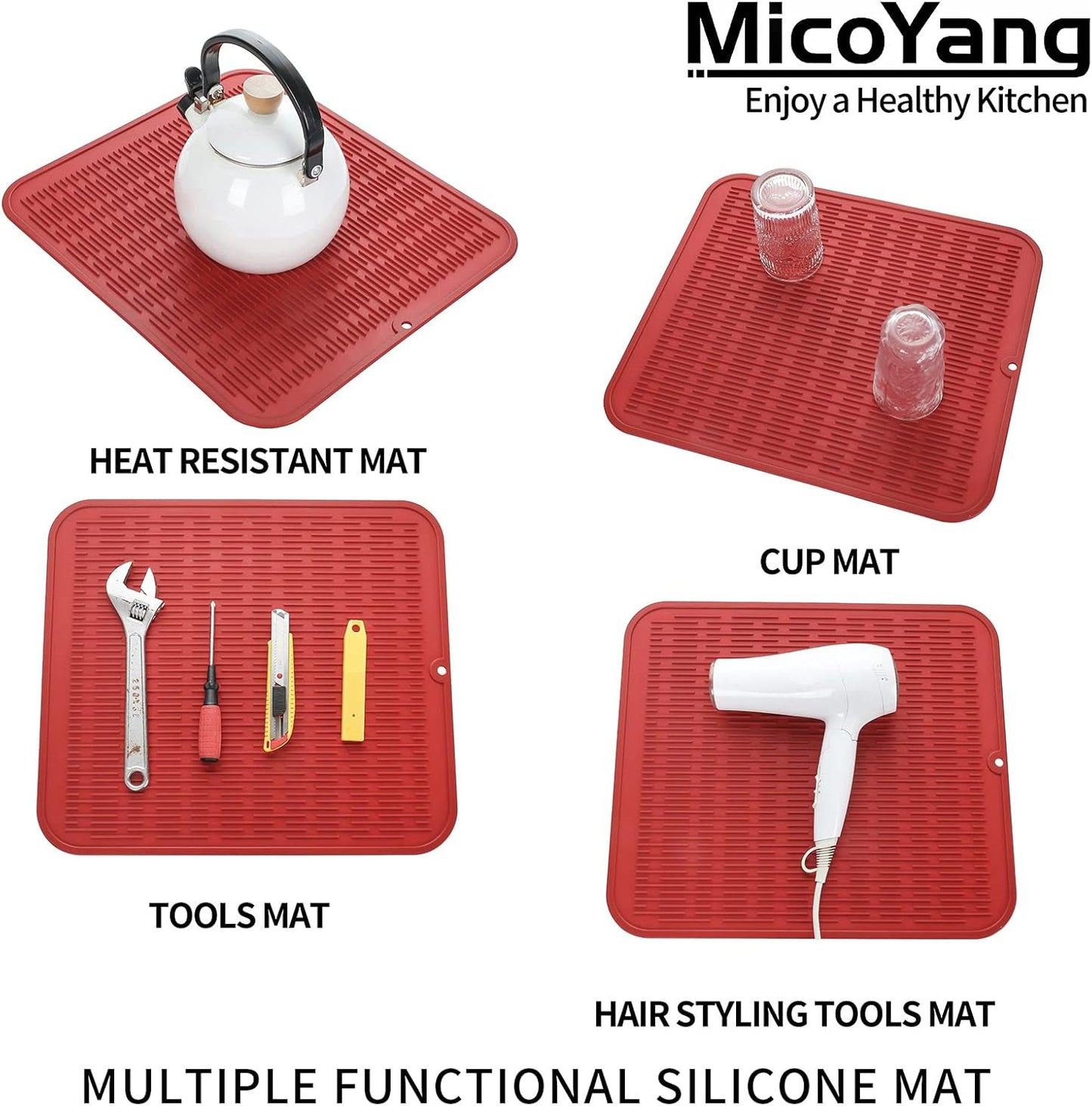 Silicone Dish Drying Mat for Multiple Usage,Easy clean,Eco-friendly,Heat-resistant Silicone Mat for Kitchen Counter or Sink,Refrigerator or Drawer Liner Red 2XL 24 inches x 18 inches