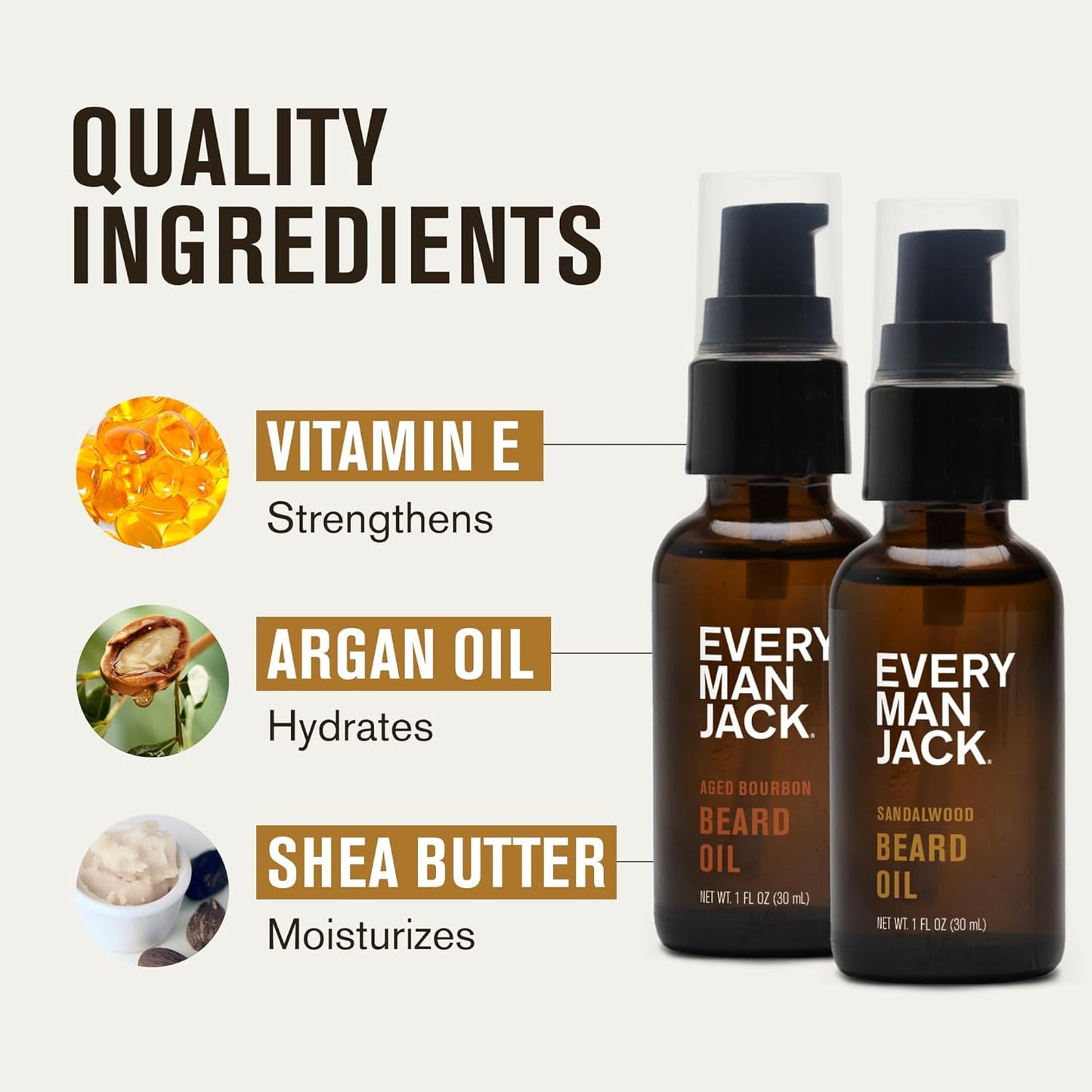 Every Man Jack Mens Beard Oil - Subtle Aged Bourbon & Sandalwood Fragrance - Deeply Moisturizes and Softens Your Beard and Adds a Natural Shine - Naturally Derived with Shea Butter - 1 fl oz (2 Pack)