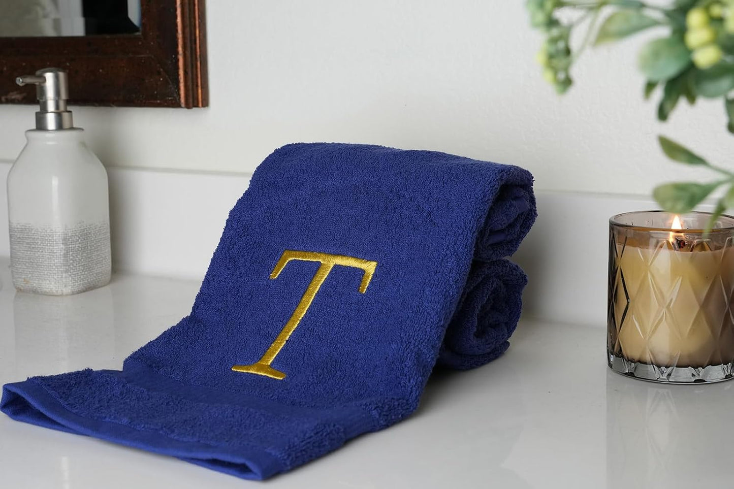 Navy Bathroom Hand Towel - Monogrammed Luxury Hotel Quality Decorative Embroidered Towel for Powder Room, Spa - GOTS Organic Certified - Set of 2 Gold Letter T