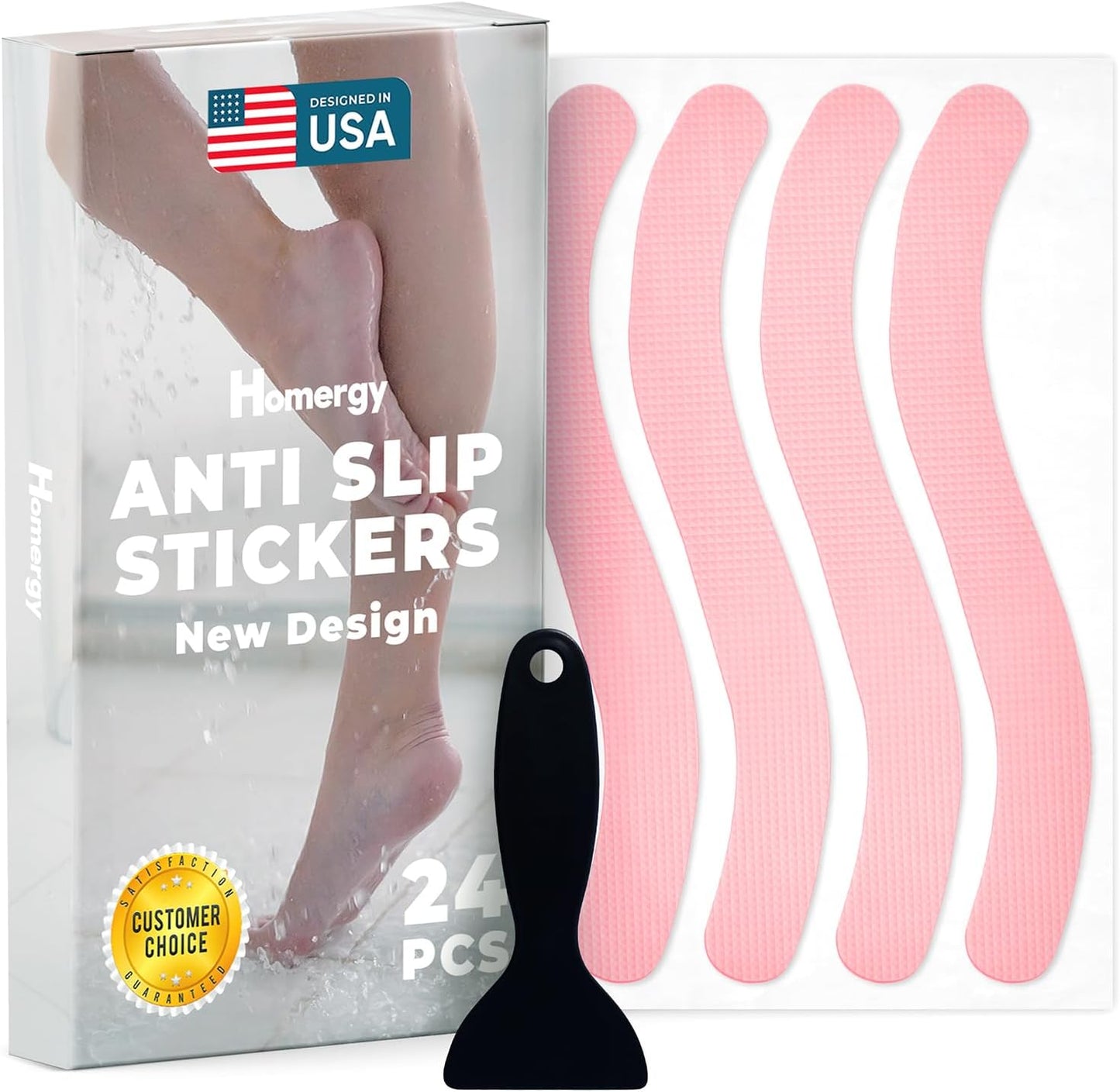 Homergy Anti Slip Shower Stickers 24 PCS, Pink Non-Slip Shower Strips for Adults, Premium Adhesive Bath Tub Stickers