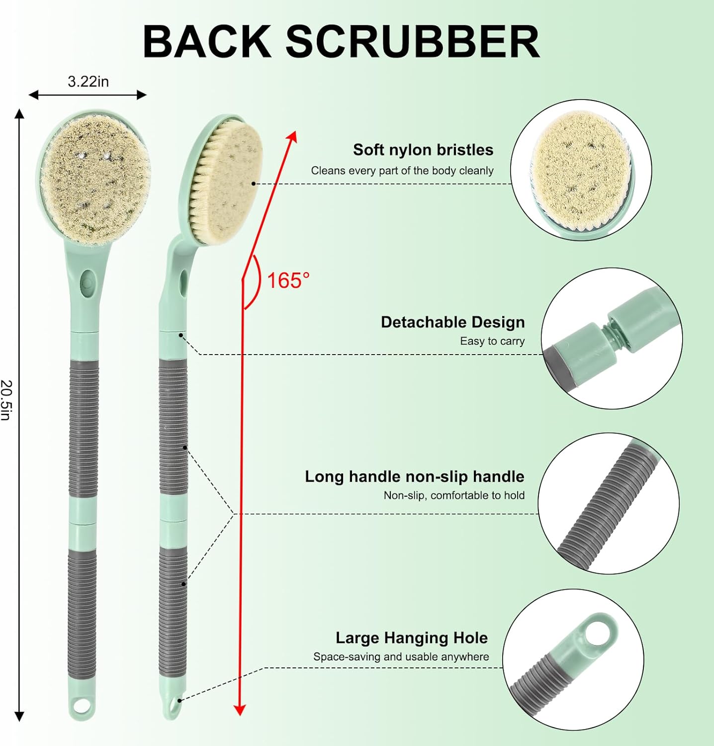 Back Scrubber Anti Slip for Shower, 21.7” Detachable Back Bath Brush for Shower, Back Scrubber, Exfoliation and Improved Skin Health for Elderly with Limited Arm Movement, Disabled (21.7” Cyan)