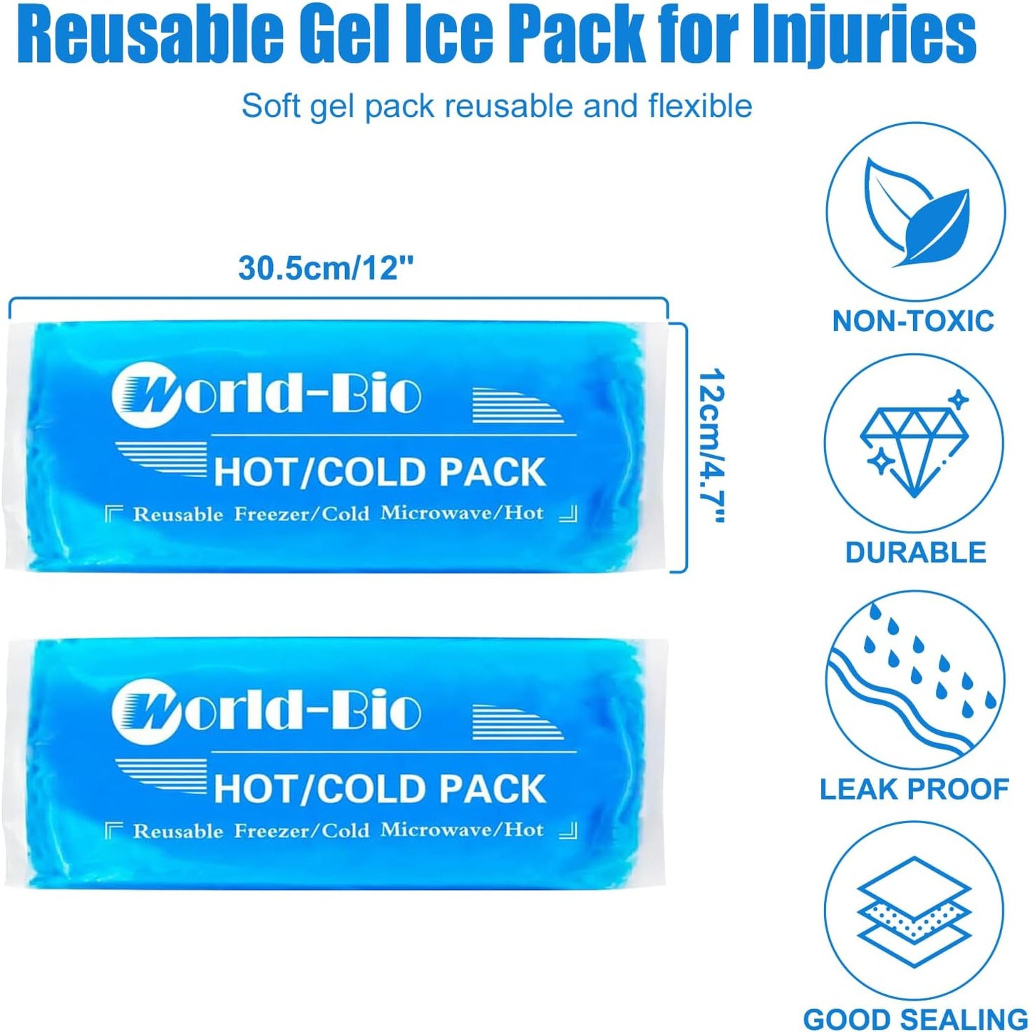 Ice Packs for Injuries Reusable Gel (2 Pack) - Hot Cold Gel Ice Pack for Injury, Pain Relief, Rehabilitation - Flexible Ice Packs for Knee, Shoulder, Back, Neck, Wrist - 4.7" x 12.2"