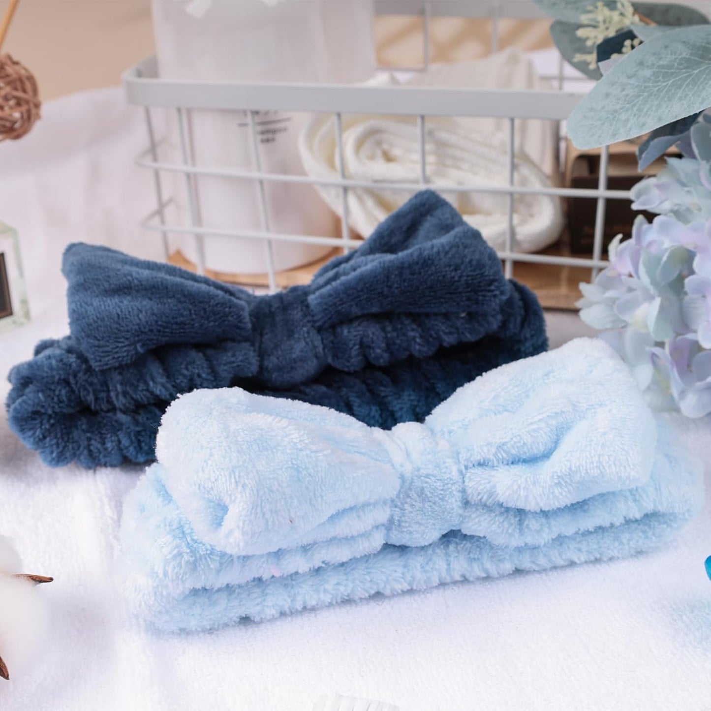 Shindel Spa Bow Headband - 6 Pack Cute Fuzzy Skin Care Headbands for Teen Girls' Face Washing & Shower - Blue