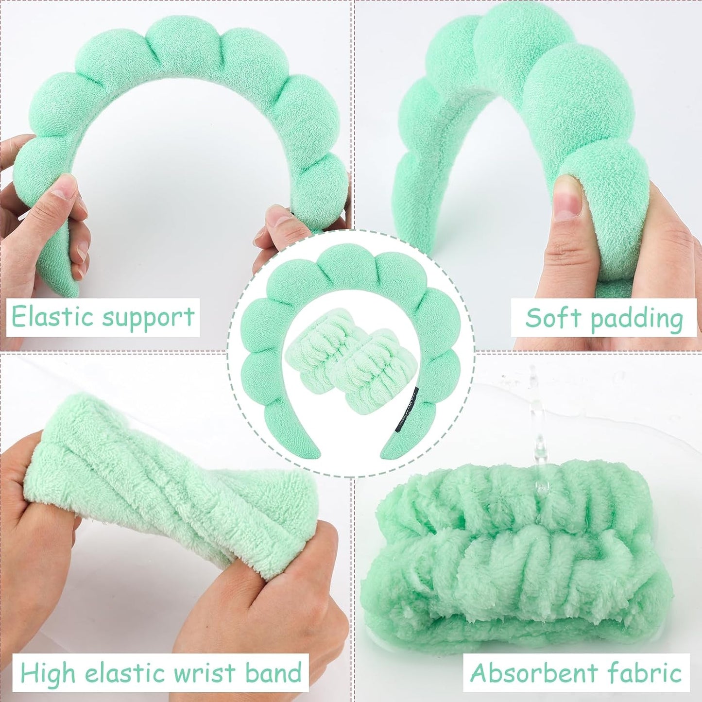 Zkptops Spa Headband for Washing Face Wristband Set Sponge Makeup Skincare Headband Wrist Towels Bubble Soft Hairband for Women Puffy Headwear Winter Non Slip Thick Thin Hair Accessory(Light Green-3)