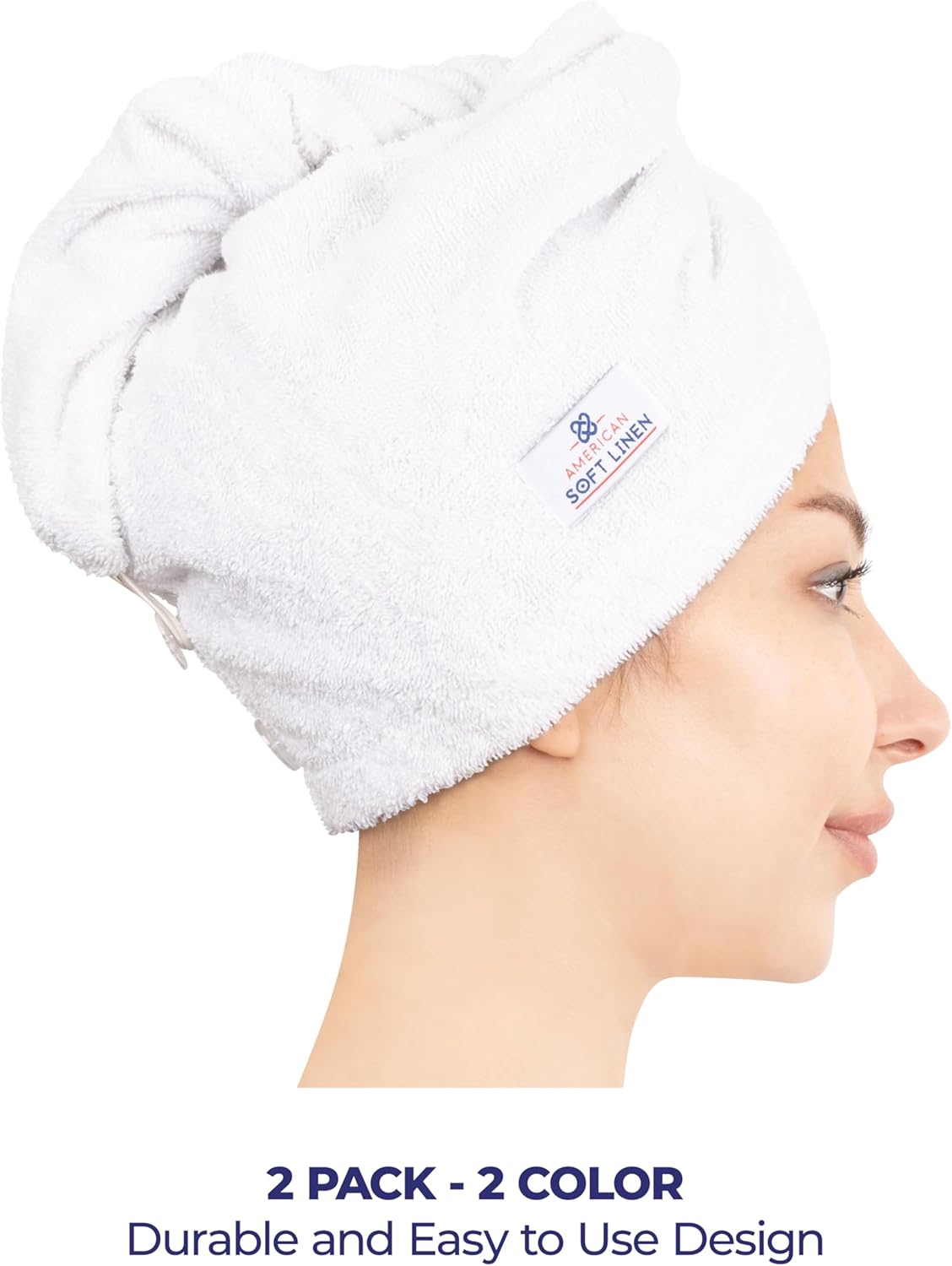 American Soft Linen 100% Cotton Hair Towels for Women, Head Towel Cap, Cotton Hair Turban Towel Wrap for Hair, Soft and Absorbent Cotton Hair Towels 2 Pack, White-Sage Green