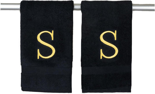 Black, Letter Hand Towel for Bathroom - Monogrammed Initial Hotel Quality Decorative Embroidered Towel for Powder Room, Spa - GOTS Organic Certified - Pack of 2 - Letter S