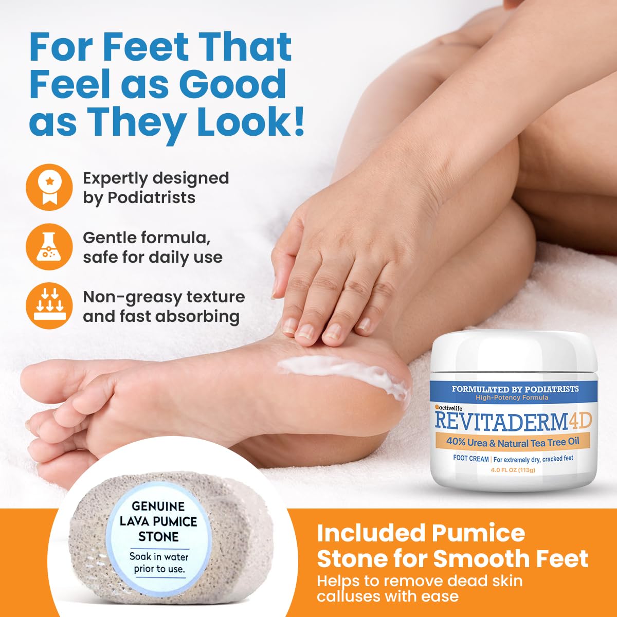 Revitaderm 4D Urea Cream 40% for Feet, Intensive Moisturizing Foot Cream for Dry, Rough, Callused Skin, Includes Free Pumice Stone and Exfoliating Brush, Fast-Absorbing, Fragrance-Free, 4oz, 10 Pack