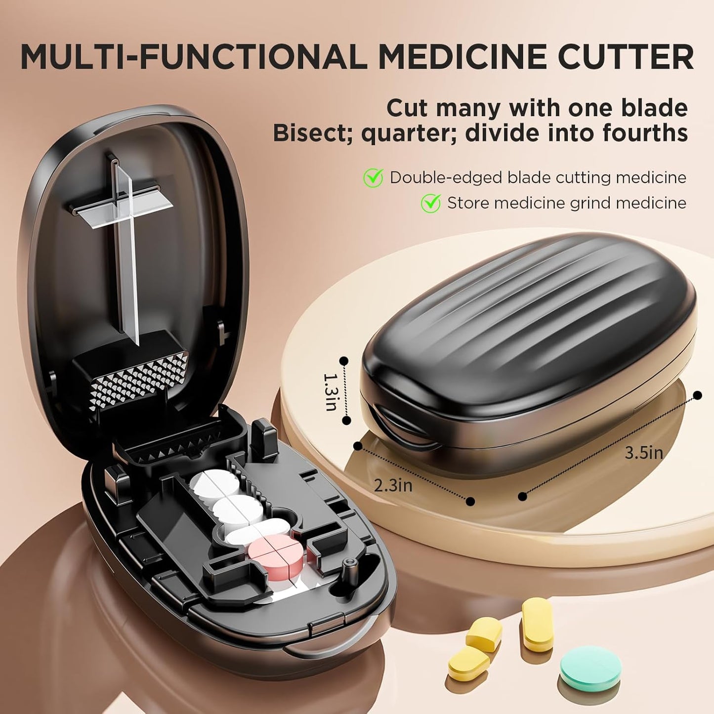 Pill Cutter Splitter for Small and Tiny Pills, 1/2 1/4 Pill Splitter for Small Pills,Vitamins, Tablets in Half or Quarters, Accurate and Easy Cutting, Stainless Steel Blade, Back Storage (Black)
