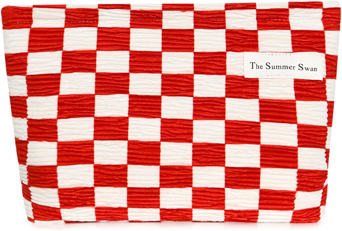 The Summer Swan | Large Aesthetic | Checkered Makeup Bag | Pencil Pouch | Period Kit Bag | Hygiene Bag | Skincare Bag | Cute Makeup Bag (Checkered Red & White)