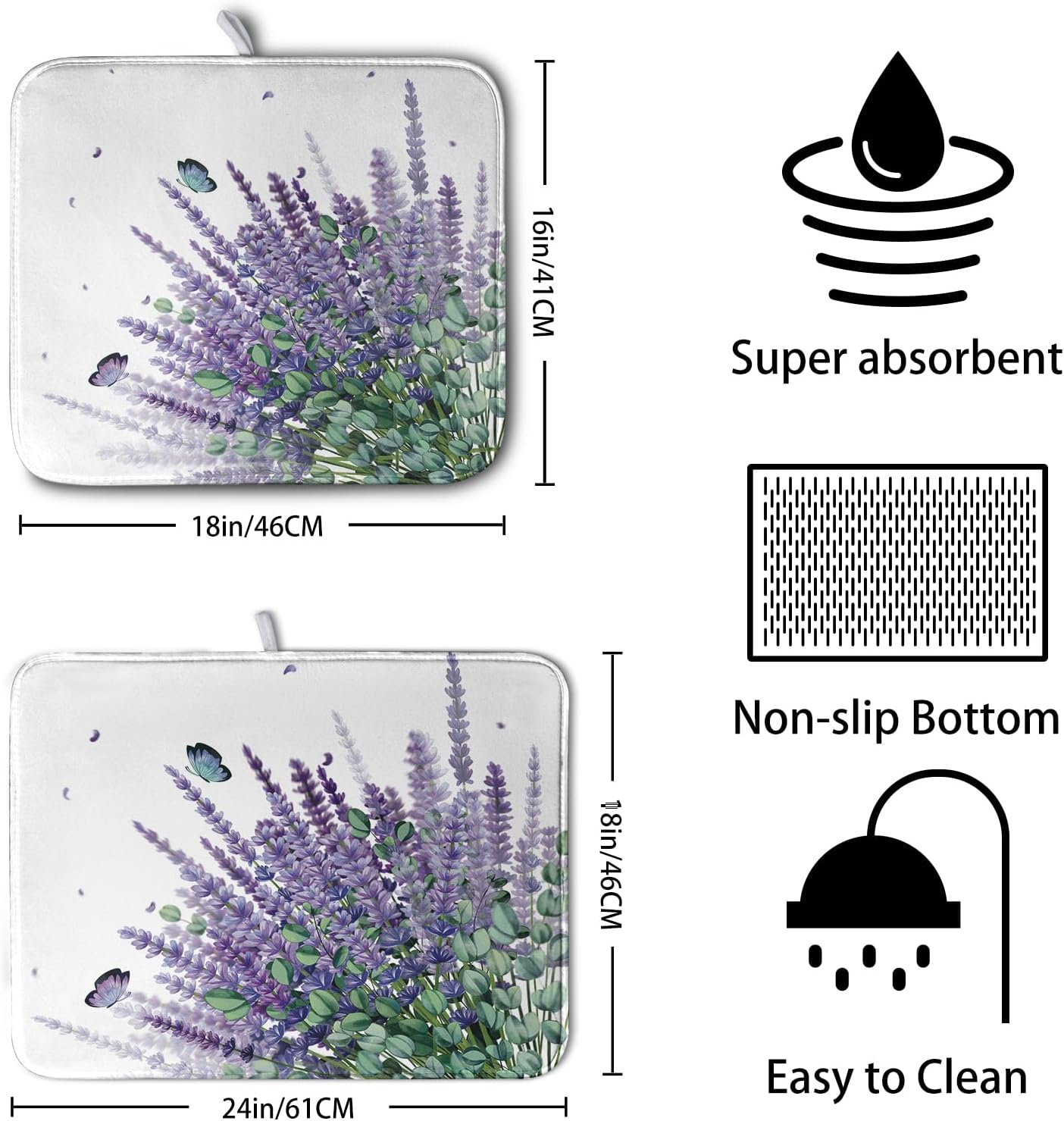 Purple Lavender Dish Drying Mat for Kitchen Counter Spring Summer Floral Microfiber Dish Drainer Mats Green Leaves Butterfly Absorbent Reversible Dish Drainer Rack Mat 16x18 Inch