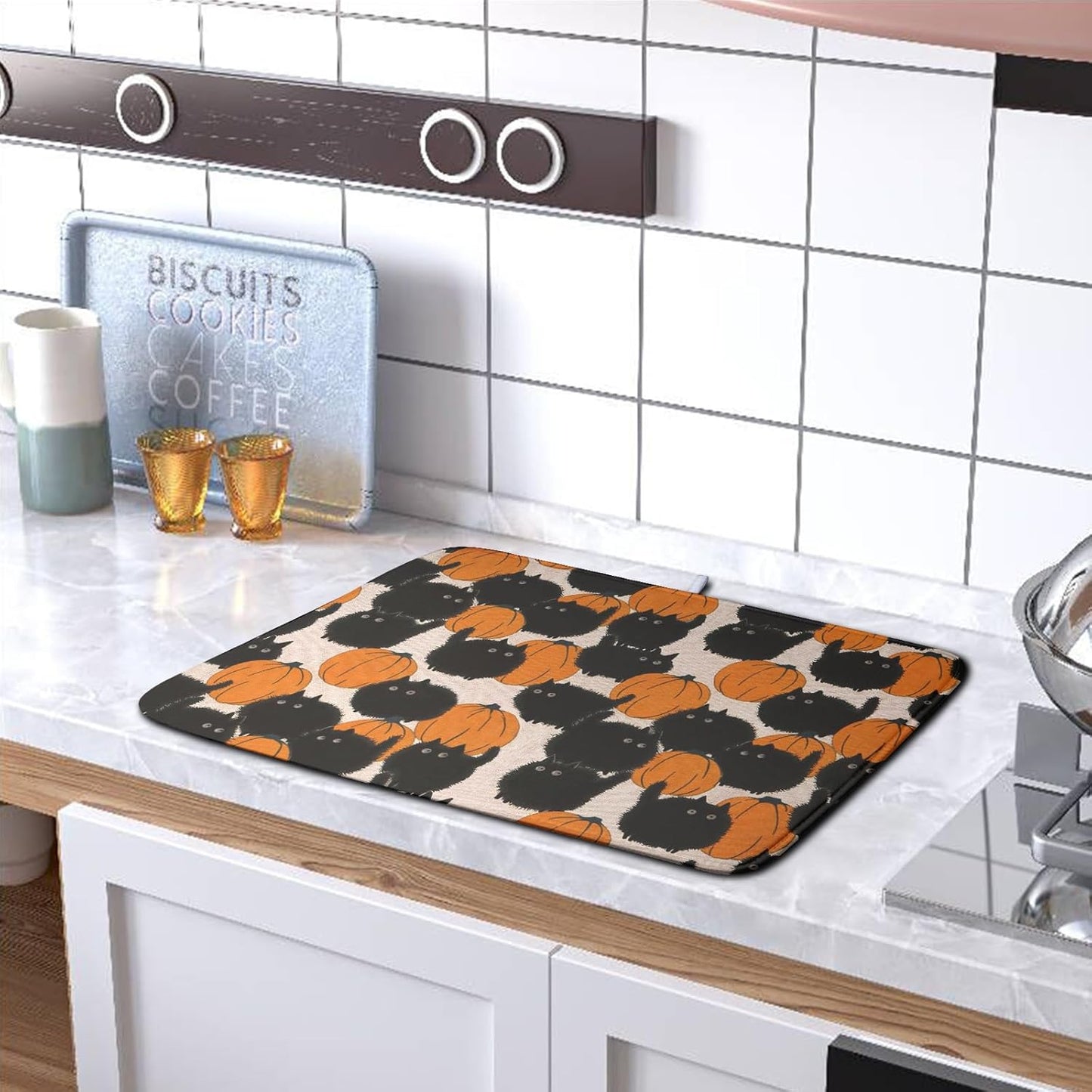 Happy Halloween Dish Drying Mat for Kitchen Counter 18x24 Inch Cute Pumpkin Black Cat Trick or Treat Drying Mats Large Microfiber Absorbent Dish Rack Pad for Coffee Bar Sinks Home Accessories