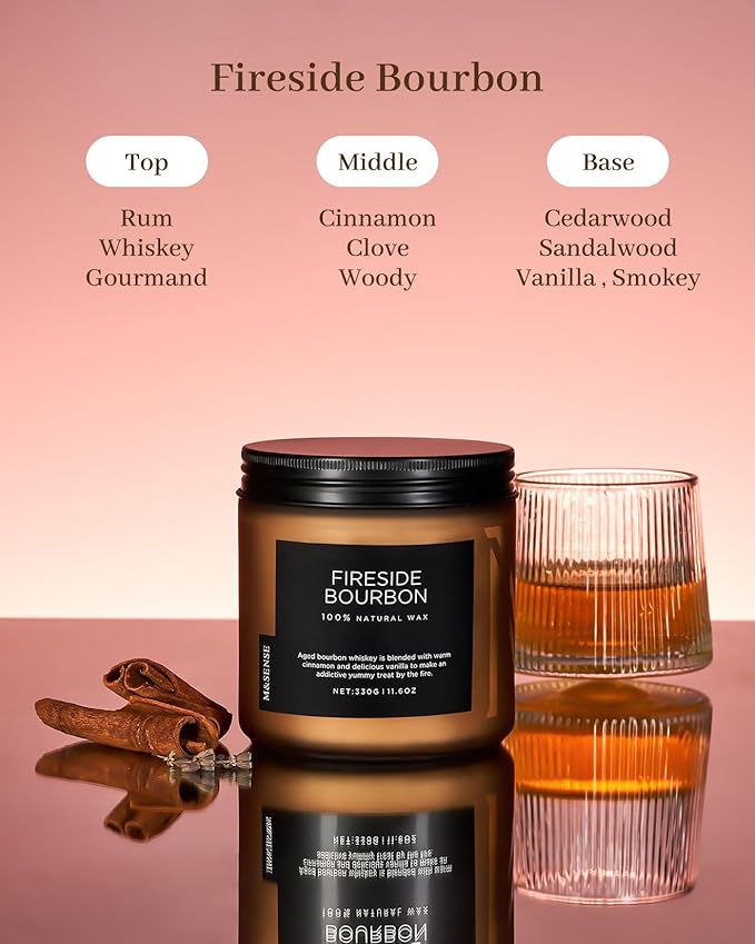 M&SENSE Fireside Bourbon Jar Candle, 11.6oz Clean Soy Wax Up to 70 Hours Burn Time Smoky Scent 2 Wick Cotton Fall Campfire Scented Candle for Home Decor Housewarming Gifts for Bathroom Office