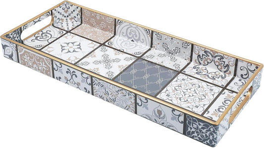 Bathroom Vanity Tray for Countertop, Small Plastic Toilet Tank Tray Versatile Storage & Organization Tray for Makeup, Perfume, Desk, Kitchen, Candles, 13.7"x6"x1.4", 35Boho3