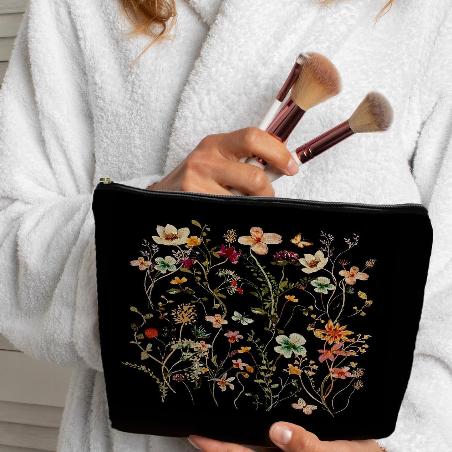 Black Floral Makeup Bag - Small Flower Zipper Cosmetic Bag for Women & Girls