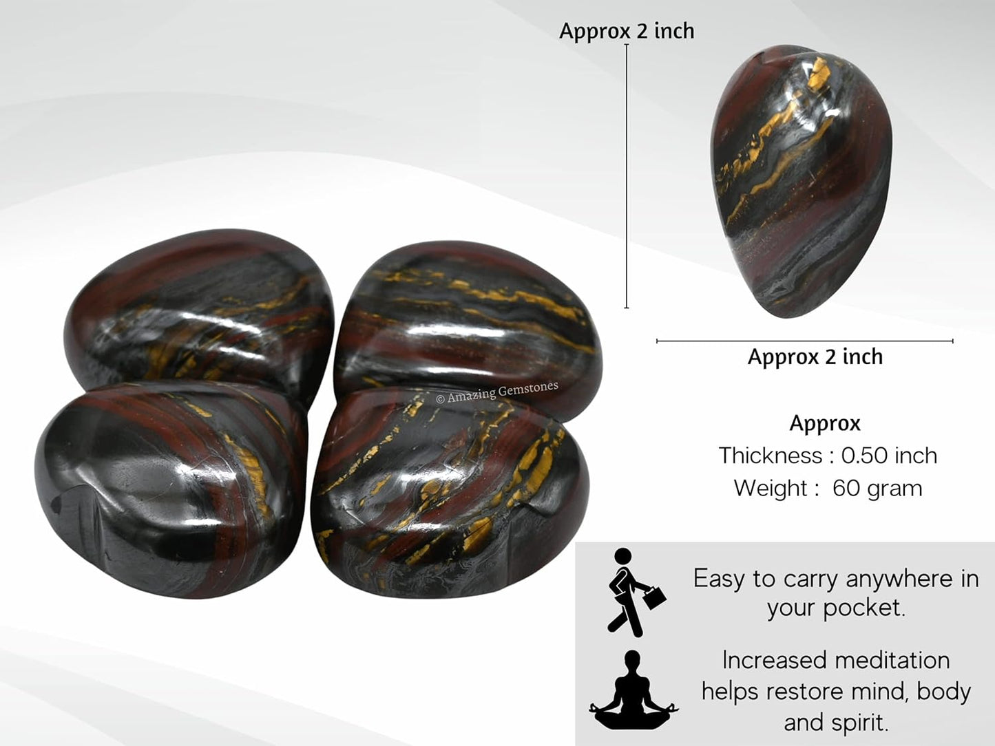 Iron Tiger Eye Crystal Heart Palm Stone - Pocket Massage Worry Stone for Natural Body Chakra Balancing, Reiki Healing and Crystal Grid