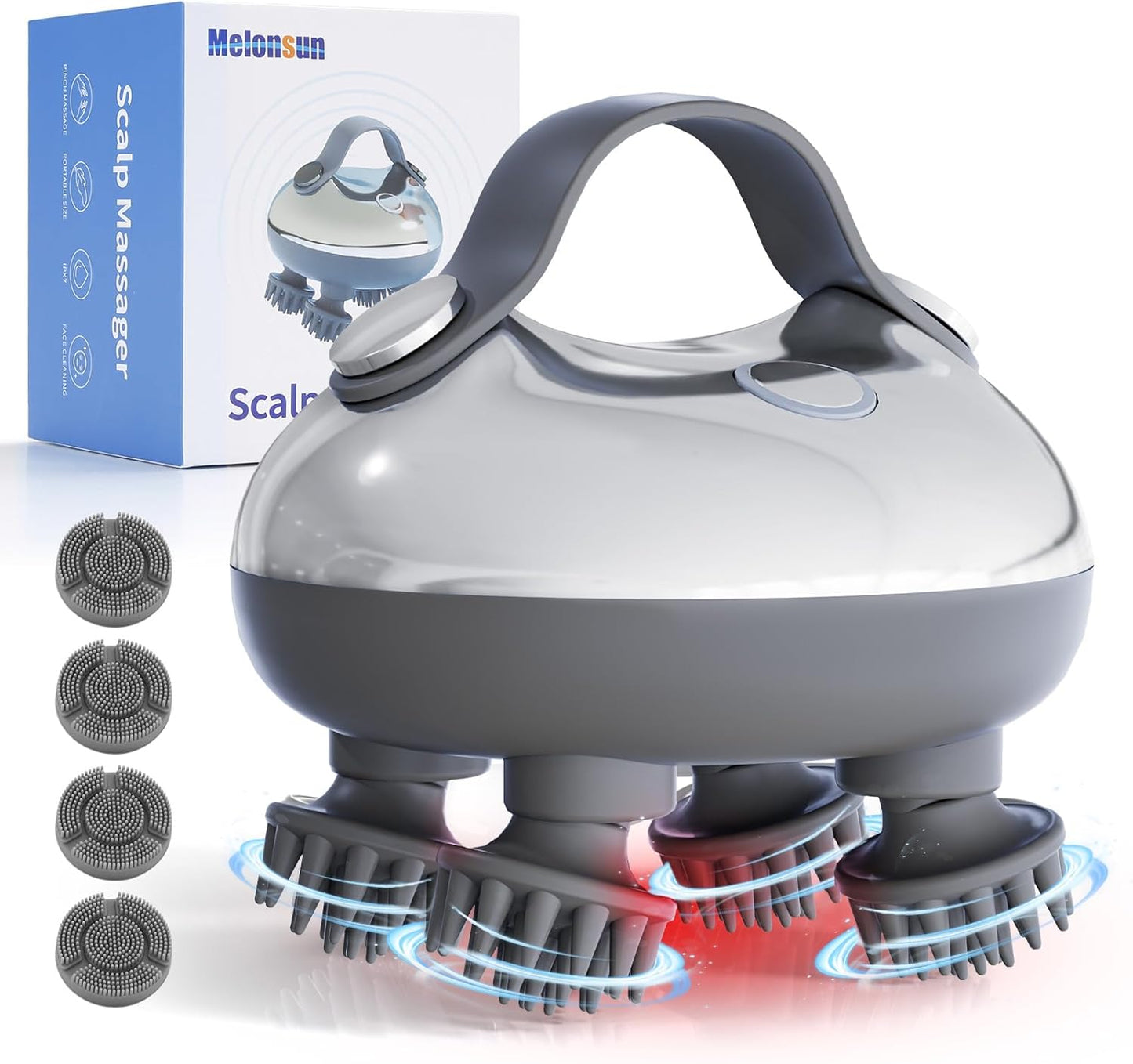 Portable Electric Scalp Massager - Rechargeable IPX7 Waterproof Heated Scalp Massager w/ 100 Kneading Nodes, 3 Speed Modes, 2 Massage Styles, 8 Claws for Scalp/Body Massage & Face Cleaning (Silver）