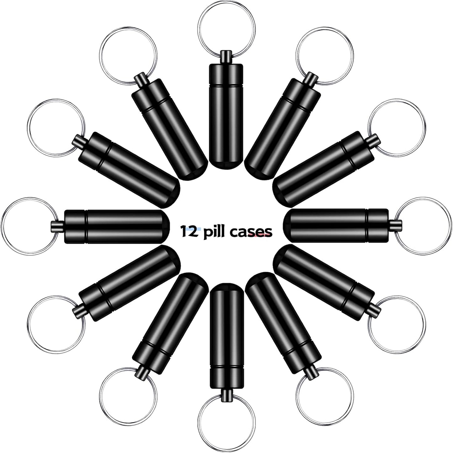 Patelai 12 Pcs Portable Keychain Pill Holder Mini Pocket Pill Case for Men Women Aluminum Geocache Containers Waterproof Metal Medicine Bottle Organizer for Outdoor Camping Travel(Black)