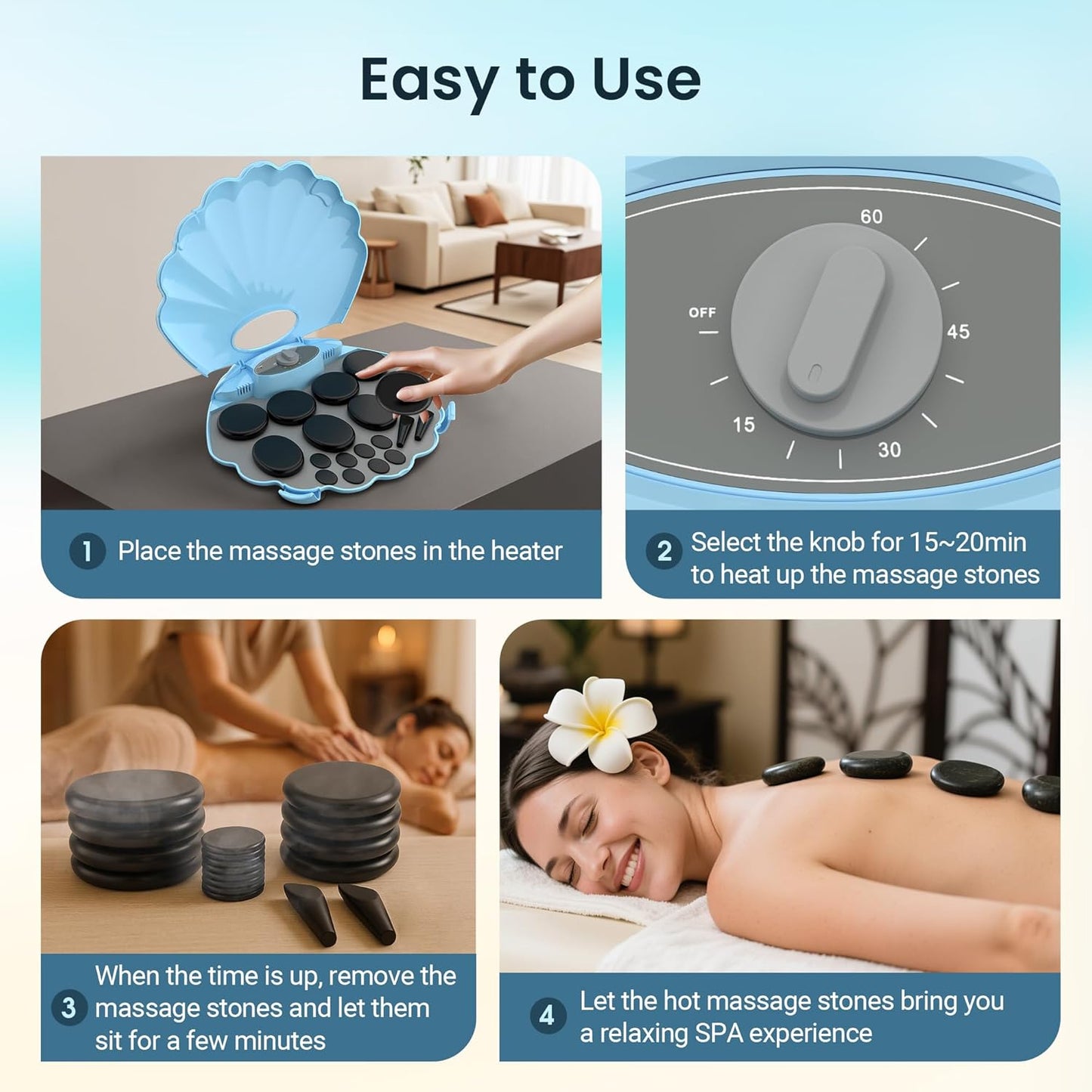 Shell Hot Stones Massage Set, 18-Piece Basalt Hot Stones with Heater Kit, Featuring an Elegant Seashell Design for Spa Use. Perfect for Relaxation, Healing, and Pain Relief. （Blue）