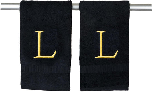 Black and Gold Bathroom Hand Towel - Monogrammed Luxury Hotel Quality Decorative Embroidered Towel for Powder Room, Spa - GOTS Organic Certified - Pack of 2, Letter L