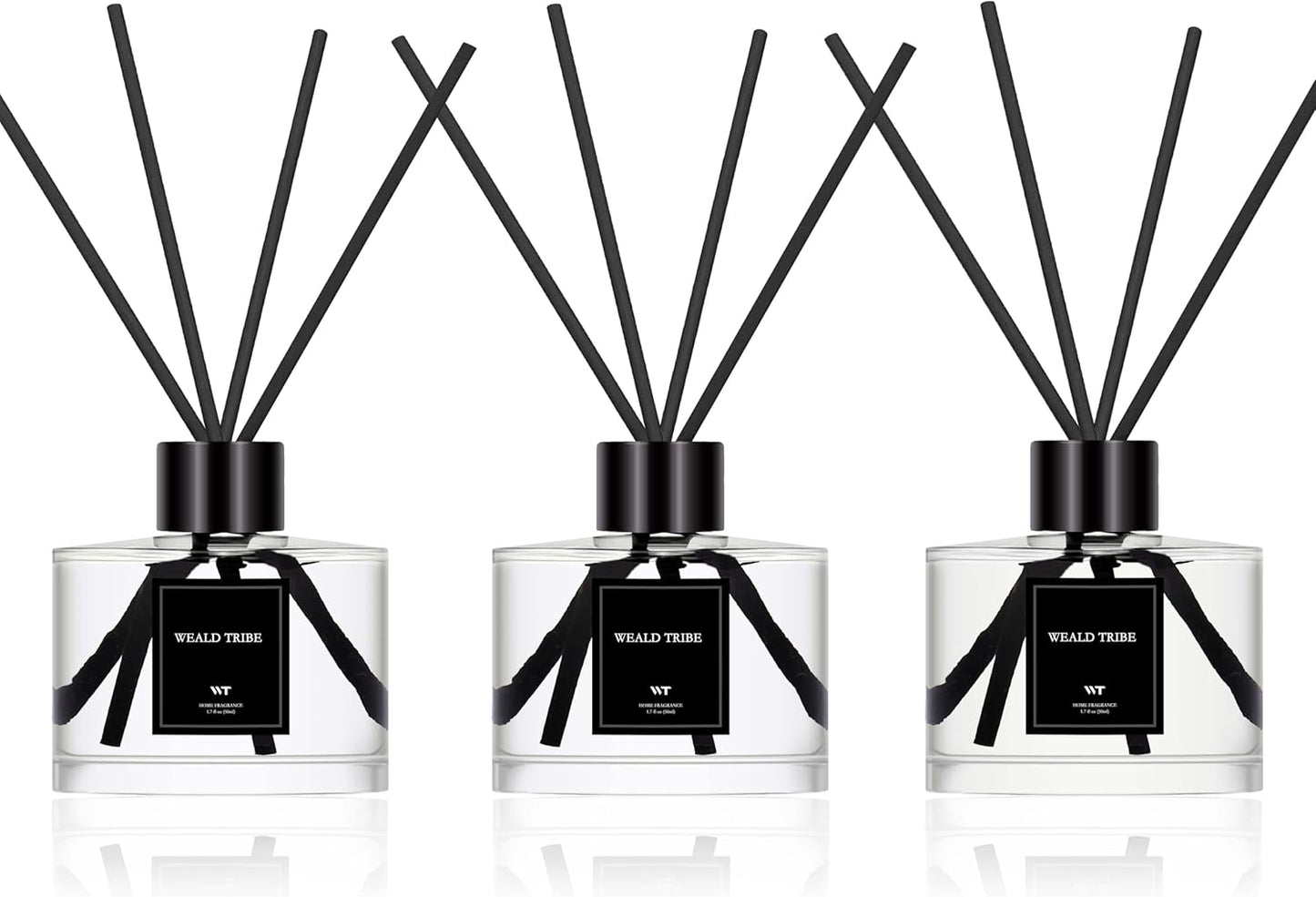 WEALD TRIBE Reed Diffuser Set Of 3 For Bathroom Air Fresheners, Oil Defusers Sticks | Bamboo, Sage & Sea Salt, Sandalwood Ebony Scent(1.7 fl oz Each Pack) Home Fragrance With 12 Sticks | Shelf Decor