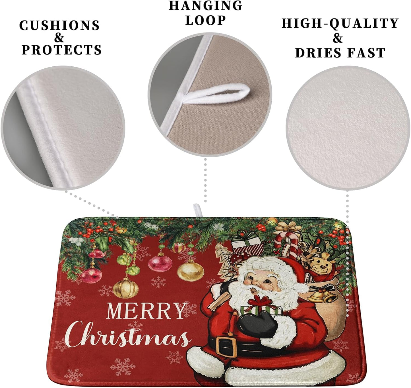 Merry Christmas Dish Drying Mat Santa Claus Kitchen Drainer Mats Microfiber Absorbent Winter Xmas Holiday Dishes Pad Reusable Dish Rack Mat for Countertop Tableware Decor 18x24 Inch
