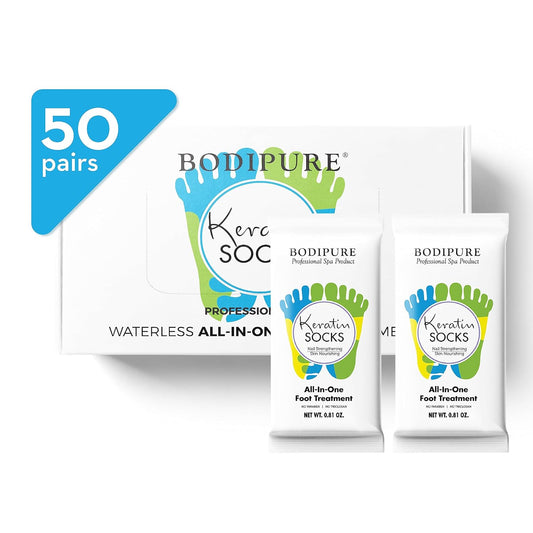 Bodipure All-In-1 Moisturizing Foot Mask | Keratin & Vitamin E Foot Mask for Dry Cracked Feet, Callus & Heel Softening | Easy-to-Use Pedicure Foot Repair | Chemical-free Feet Treatment | 50 Pairs