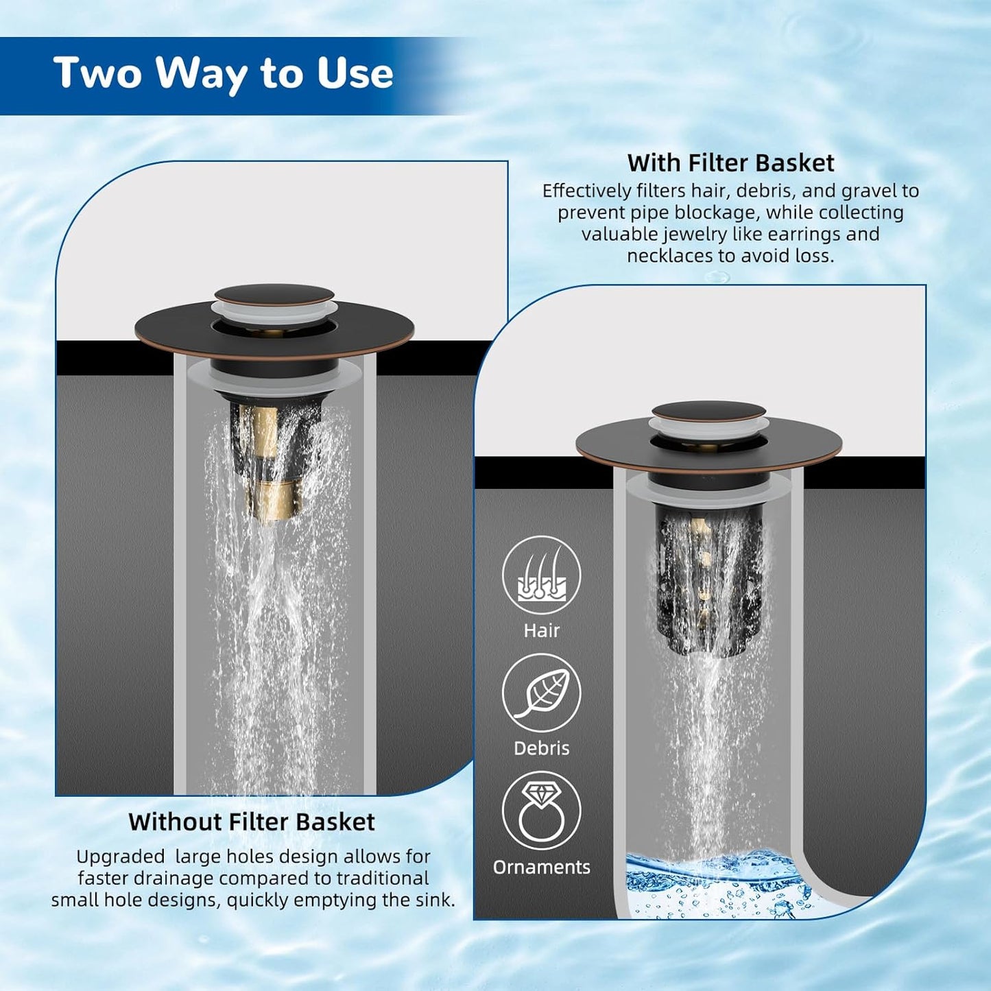 Hibbent 2 Pack 3 in 1 Bathroom Sink Drain Strainer, Pop Up Stopper with Removable Stainless Steel Filter Basket Hair Catcher, Sink Plug for 1.1''~2.36'' Basin, Brass Bullet Core, Oil Rubbed Bronze