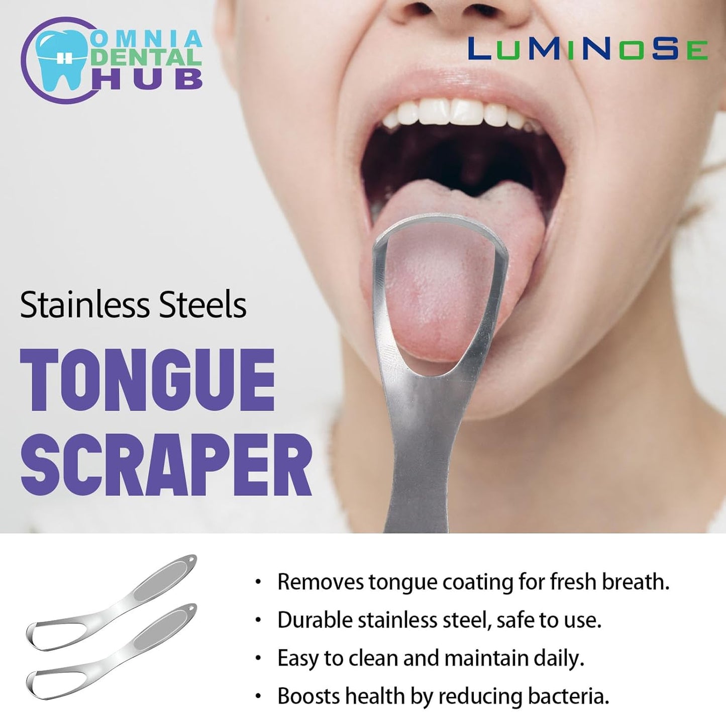 2PCs Medical Grade Tongue Scraper by Omnia One | Stainless Steel Tongue Cleaner, Metal Tongue Scraper with Travel Bag | Tongue Scrubber for Bad Breath, Boost Oral Hygiene