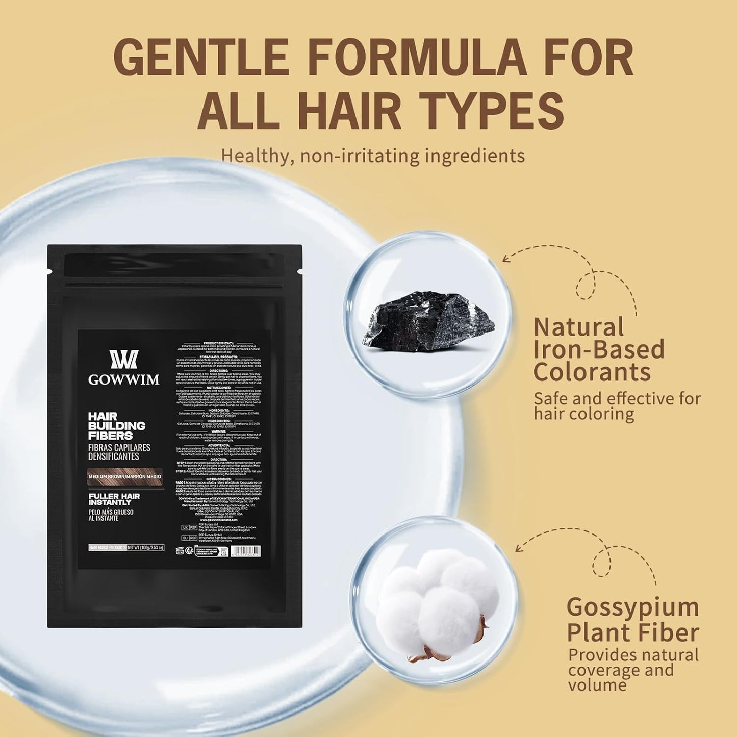 Gowwim Hair Fibers，Instant Building Thickening Fibers for Thinning Loss Hair Natural Grey Coverage Touch up Bald Spot Cover up Waterproof & Sweatproof for Women & Men 100g