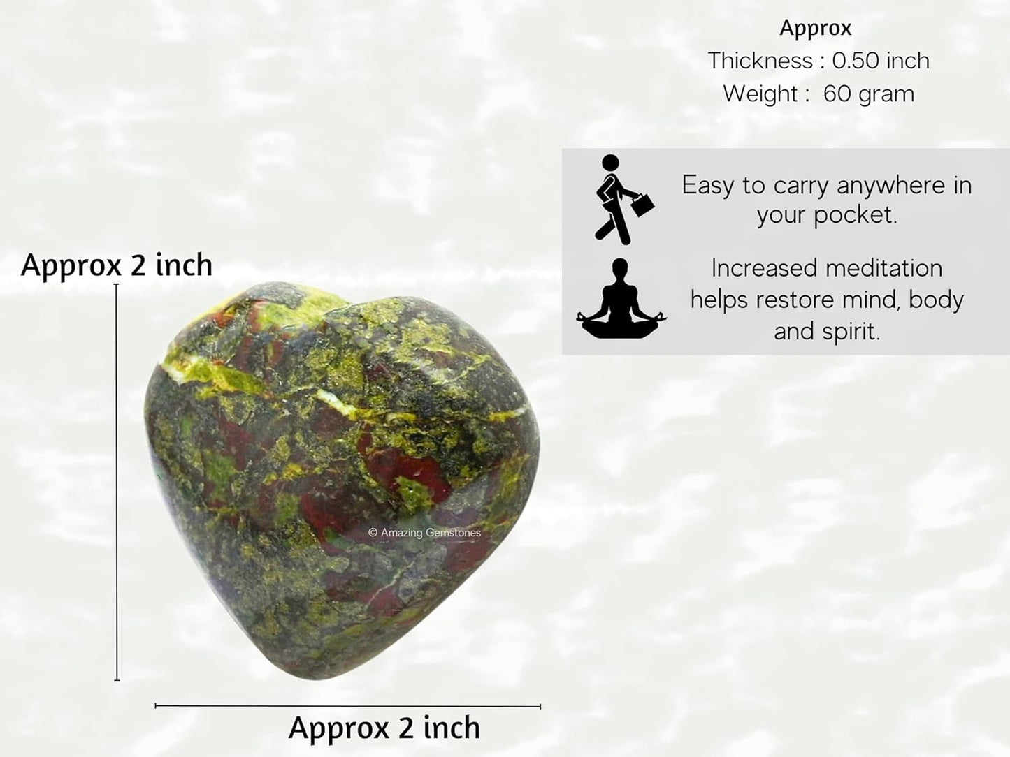 Amazing Gemstone Dragon Bloodstone Crystal Heart Palm Stone - Pocket Massage Worry Stone for Natural Body Chakra Balancing, Reiki Healing and Crystal Grid