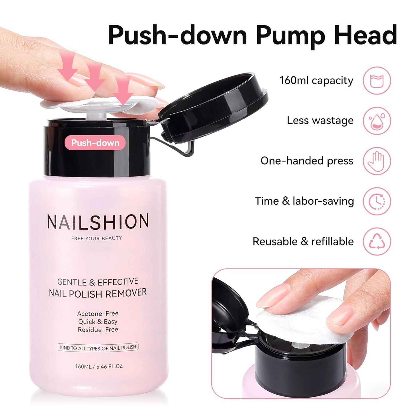 Nail Polish Remover, Non-acetone, 5s Quick Remove Regular Nail Polishes, Healthy Gentle Fingernail Polish Remover Built-in Pump, 5.46 Fl oz Cherry Blossom Scent, VE Formula No Drying Out