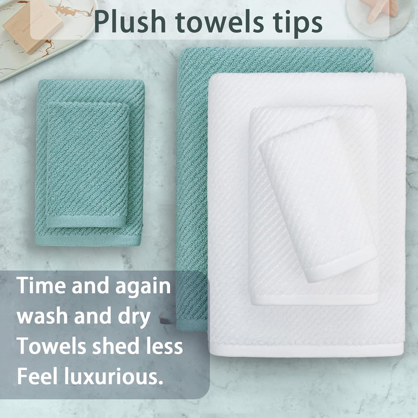 VOOVA & MOVAS Towels for Bathroom - 100% Cotton | Soft | Quick Dry | Thick, Towel Set of 6, 2 Large Bath 30"x56",2 Hand 18"x28", 2 Washcloths 13"x13", Bathroom Essentials, Aqua Teal and White