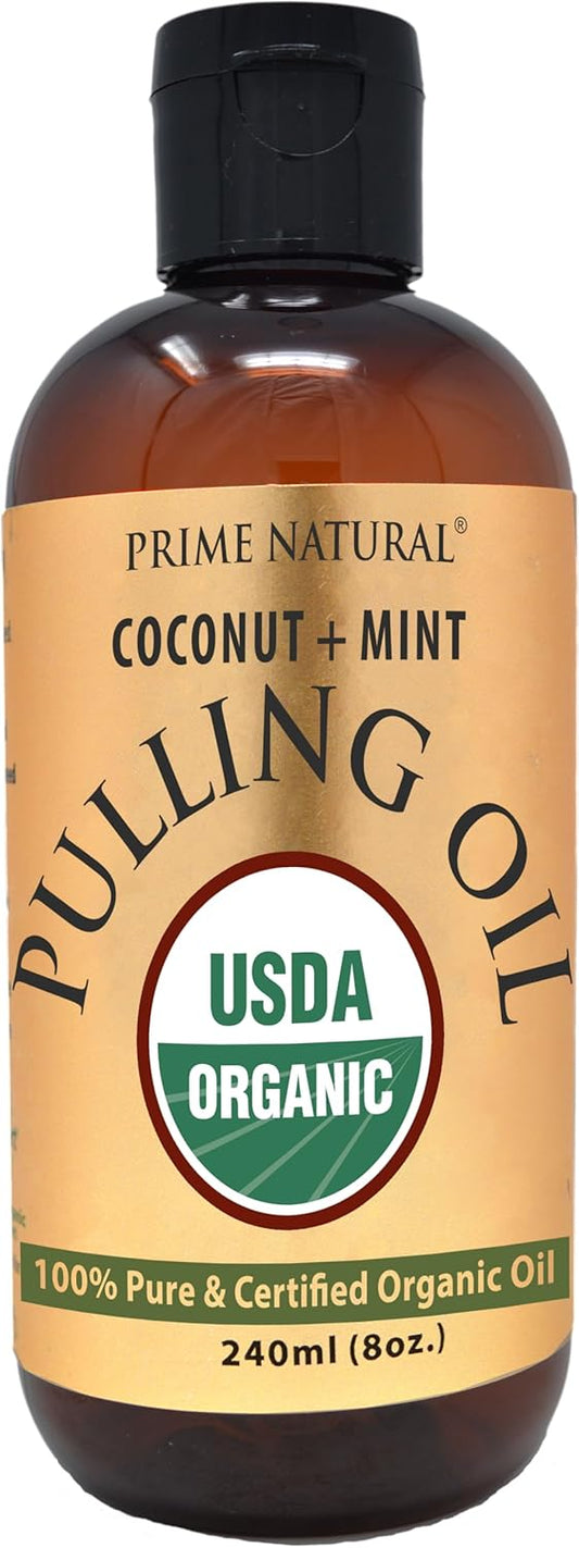 PRIME NATURAL Oil Pulling with Organic Coconut & Organic Peppermint Oil 8oz | Cocomint | Natural Oral Care & Teeth Whitening | Alcohol Free Mouthwash Freshens Breath, Healthier Teeth & Gums