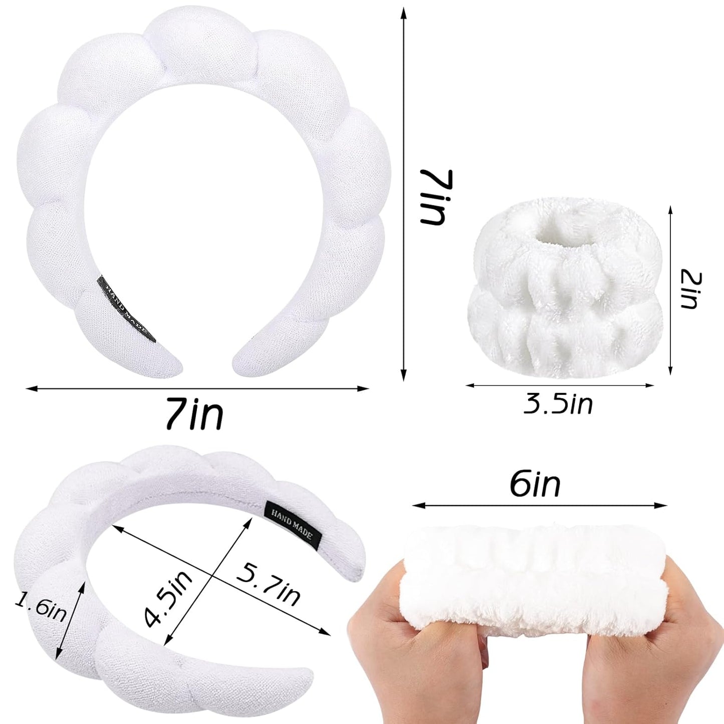 Zkptops Spa Headband for Washing Face Wristband Sponge Makeup Skincare Headband Bubble Soft Terry Cloth Hairband Christmas Birthday Gift for Women Girls Fashion Puffy Non Slip Thick Headwear (White)